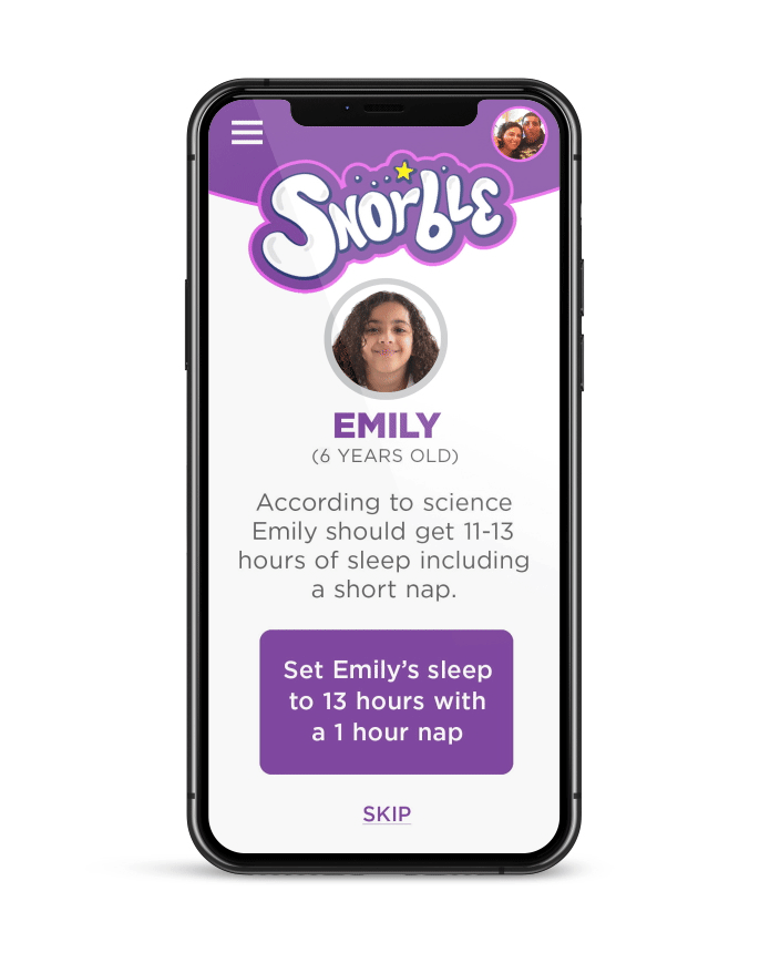 Snorble App showing bedtime routine